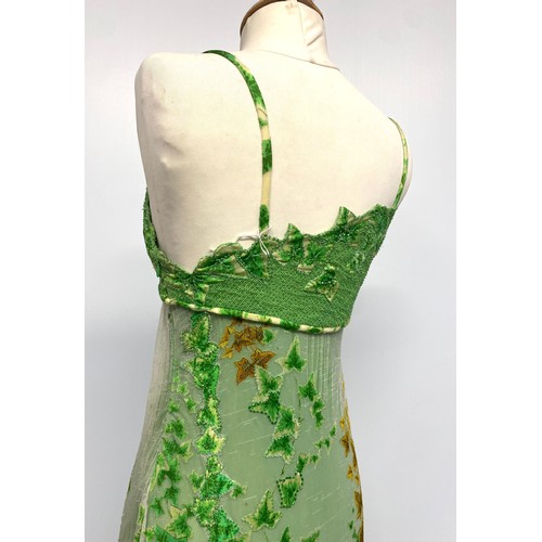 314 - GIANNI VERSACE S/S 1997 Runway Gown, green embroidered net fabric with printed overskirt, ivy patter... 