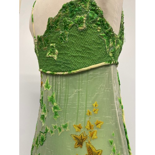 314 - GIANNI VERSACE S/S 1997 Runway Gown, green embroidered net fabric with printed overskirt, ivy patter... 