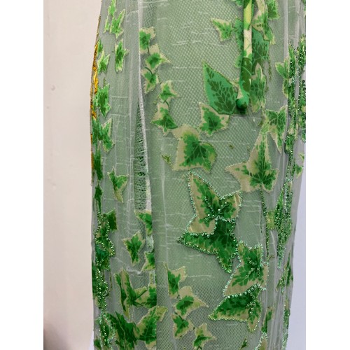 314 - GIANNI VERSACE S/S 1997 Runway Gown, green embroidered net fabric with printed overskirt, ivy patter... 