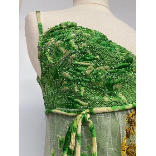 314 - GIANNI VERSACE S/S 1997 Runway Gown, green embroidered net fabric with printed overskirt, ivy patter... 