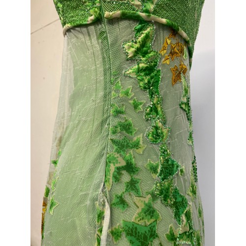 314 - GIANNI VERSACE S/S 1997 Runway Gown, green embroidered net fabric with printed overskirt, ivy patter... 