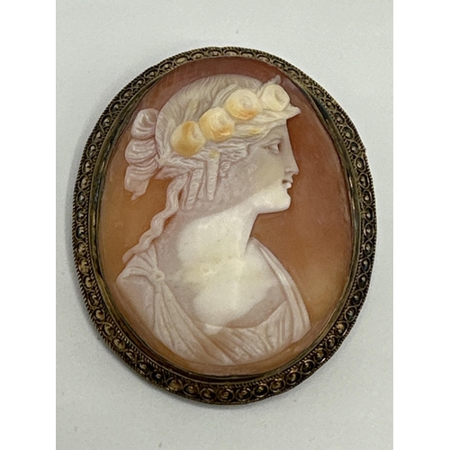 24 - A collection of shell cameo brooches in unmarked yellow metal mounts. Largest. 60mm x 47mm.