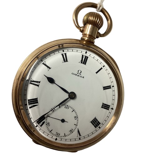 119 - Omega. A yellow metal cased Omega pocket watch. White enamel face with Roman numeral markers. 
Marke... 