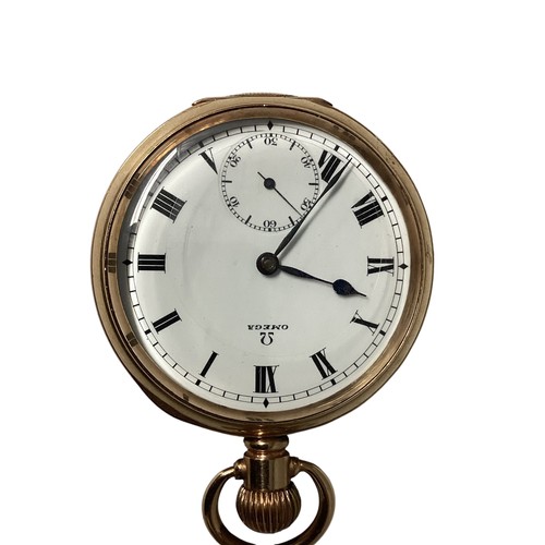 119 - Omega. A yellow metal cased Omega pocket watch. White enamel face with Roman numeral markers. 
Marke... 