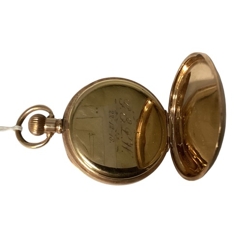 119 - Omega. A yellow metal cased Omega pocket watch. White enamel face with Roman numeral markers. 
Marke... 