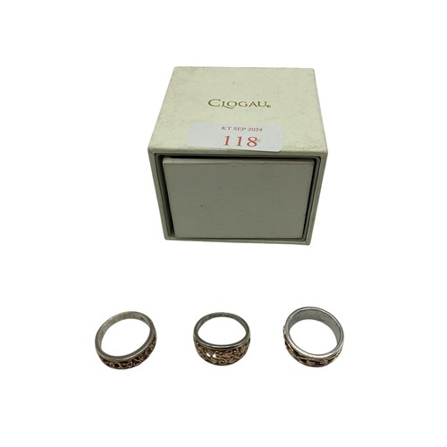 118 - Three Clogau silver and yellow metal rings. Size P, N, O. 13.9g.