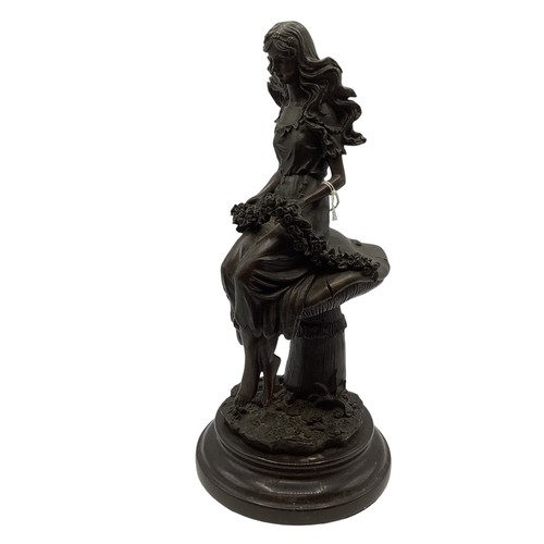 345 - After Jean Patou (1880-1936). Bronze figure of a girl seated upon a toadstool. Etched signature on a... 