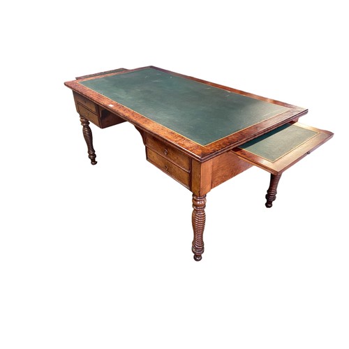 649 - Good C19th mahogany writing table of 4 drawers and end  slides with tooled leather top raised on sle... 