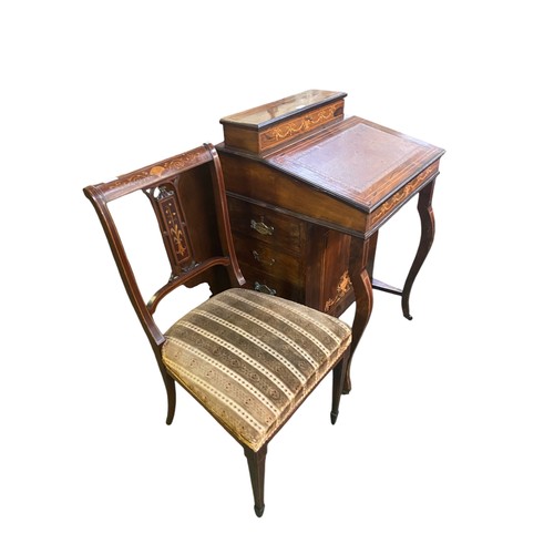 613 - Edwardian inlaid rosewood ladies Davenport and an Edwardian chair