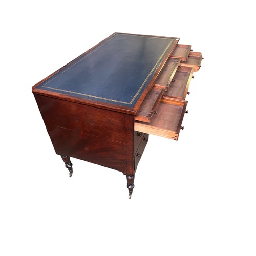 593 - Recently restored William IV kneehole writing desk of 10 drawers with knob handles beneath a blue to... 