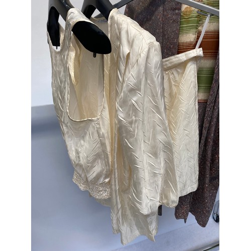 230 - A group of 1980s garments comprising  a VERA MONT  cream silky 3 piece outfit of straight lined skir... 