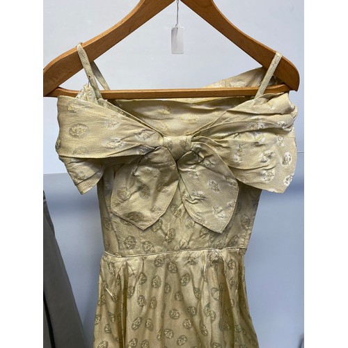 232 - 1950s gold patterened brocade full length dance dress with narrow shoulder straps, portrait collar, ... 