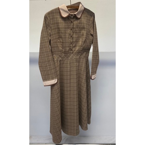 237 - A 1980 brown check midi dess with long sleeves, Peter Pan collar bias cut skirt, size10-12, a navy b... 