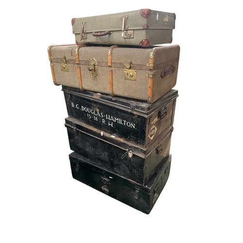 196 - A collection of three metal travelling trunks One with stencilled marks for BC Douglas Hamilton 13-1... 