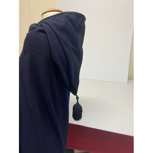 229 - A good Berber navy wool long cloak/ceremonial cape with black braid and hood with tassle, purchased ... 