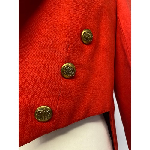 174 - A gents red evening tail coat, with Warwickshire colours and hunt buttons,  bespoke made J. Dege & S... 