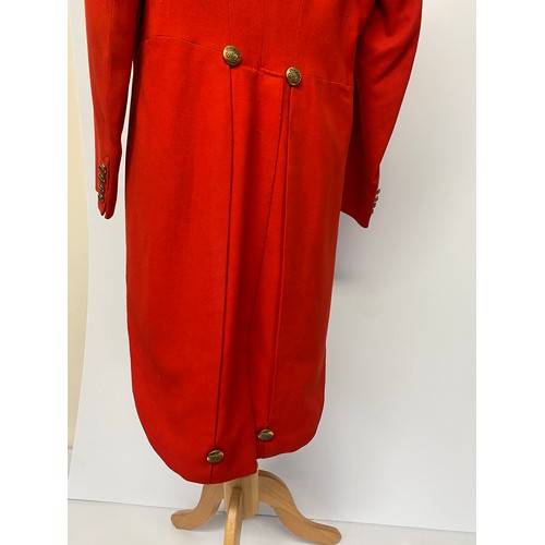 174 - A gents red evening tail coat, with Warwickshire colours and hunt buttons,  bespoke made J. Dege & S... 