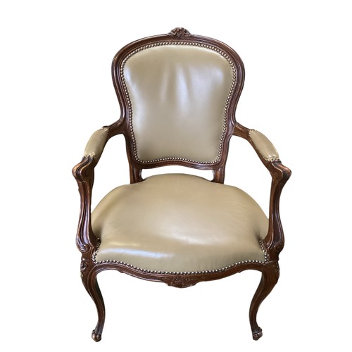 648 - A good set of 4 french cabriole style armchairs, with brass studded and button seated green leather ... 