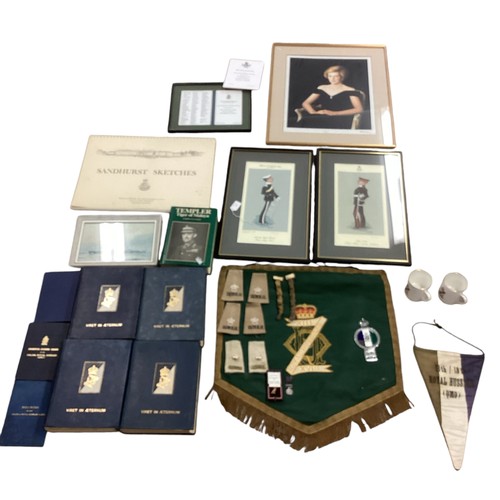 199 - A collection of Militaria mainly relating to The Royal Hussars to include pennants, mugs, car badge,... 