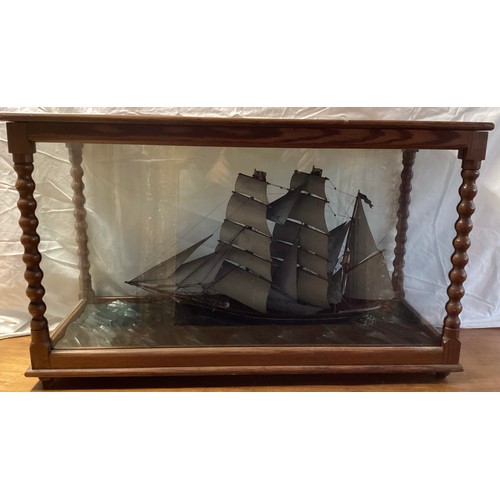 468 - Model of a fully rigged three mast sailing ship 'Jane Jones' in a glazed display cabinet 75 cm L