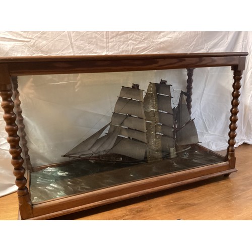 468 - Model of a fully rigged three mast sailing ship 'Jane Jones' in a glazed display cabinet 75 cm L