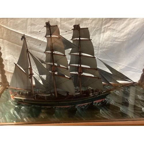 468 - Model of a fully rigged three mast sailing ship 'Jane Jones' in a glazed display cabinet 75 cm L