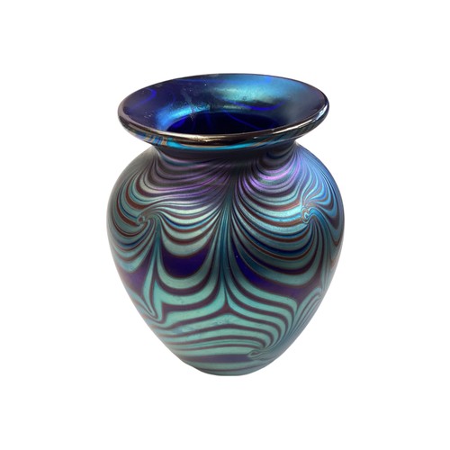 336 - An Okra iridescent glass vase. Etched signature to base dated 87. 12cm(h)