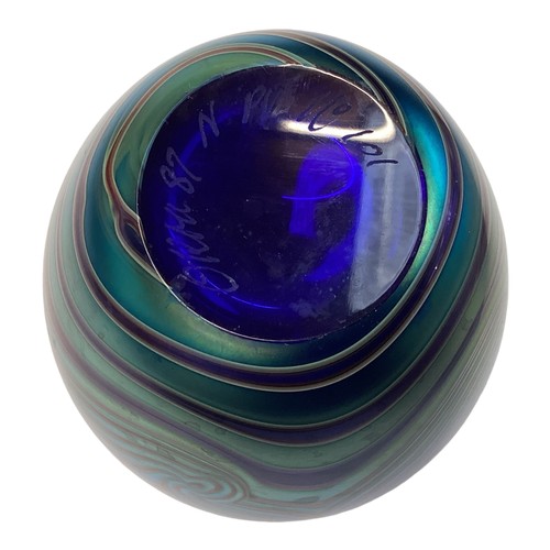 336 - An Okra iridescent glass vase. Etched signature to base dated 87. 12cm(h)