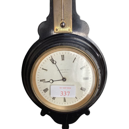 337 - A slate mantle clock together with two wall barometers