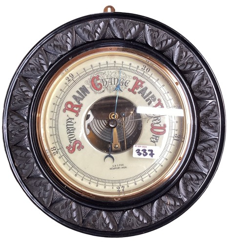 337 - A slate mantle clock together with two wall barometers