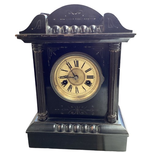 337 - A slate mantle clock together with two wall barometers