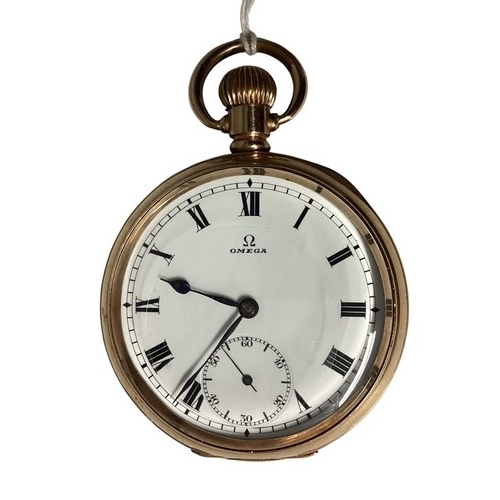 119 - Omega. A yellow metal cased Omega pocket watch. White enamel face with Roman numeral markers. 
Marke... 