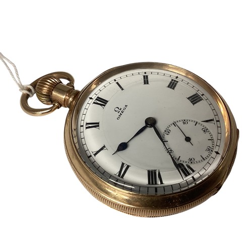 41 - Omega. A yellow metal cased Omega pocket watch. White enamel face with Roman numeral markers. 
Marke... 