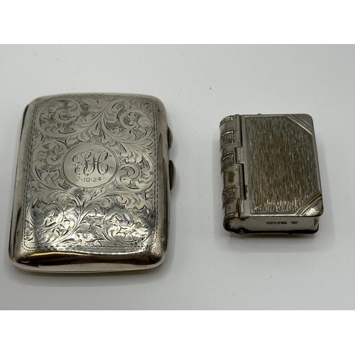 44 - A sterling silver hip shaped cigarette case together with a white metal sovereign holder and vesta i... 