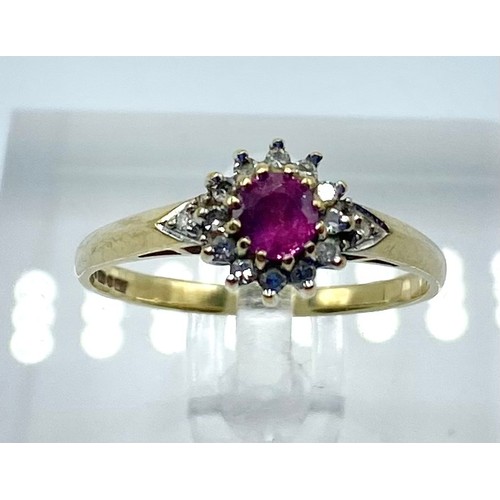 60 - A 9ct gold ruby and diamond set flower ring. Size P. 0.80g and A graduated amber bead necklace. 56cm... 