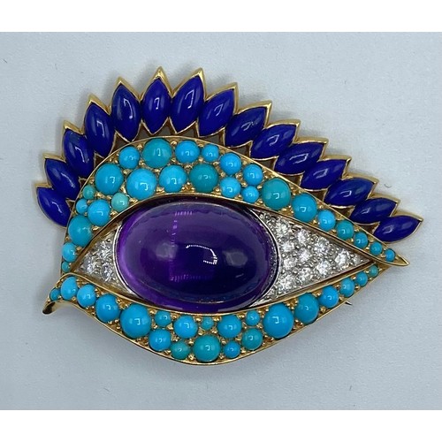 1 - Cartier. A Cartier eye brooch, enamel turquoise amethyst and diamond to a yellow and white metal mou... 