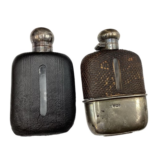 21 - A collection of hip and hunting flasks to include a sterling silver and snake skin example. Sheffiel... 