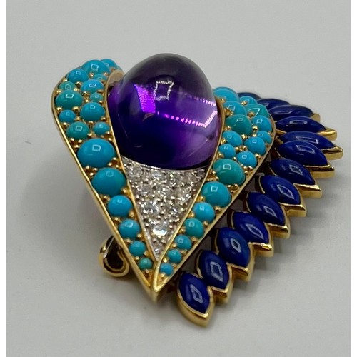 1 - Cartier. A Cartier eye brooch, enamel turquoise amethyst and diamond to a yellow and white metal mou... 