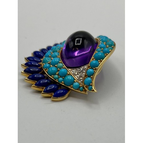 1 - Cartier. A Cartier eye brooch, enamel turquoise amethyst and diamond to a yellow and white metal mou... 