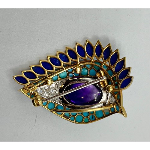 1 - Cartier. A Cartier eye brooch, enamel turquoise amethyst and diamond to a yellow and white metal mou... 