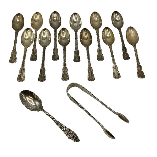 40 - A collection of sterling silver tea spoons with a matching pair of sugar tongs. Josiah Williams and ... 