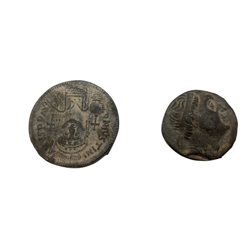 100 - Two bronze coins after the antique. a 6th century  Justinus style coin and A Greek Tetradrachm style... 