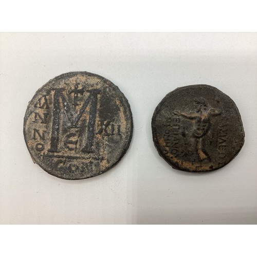 100 - Two bronze coins after the antique. a 6th century  Justinus style coin and A Greek Tetradrachm style... 