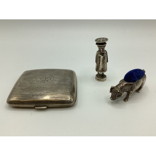 93 - A collection of small sterling silver items to include a weighted pig pin cushion , a pepperette in ... 