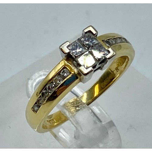 79 - An 18ct gold and diamond ring. Centrally set with four square cut diamonds and channel set single cu... 