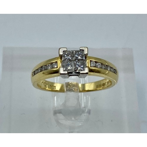 79 - An 18ct gold and diamond ring. Centrally set with four square cut diamonds and channel set single cu... 