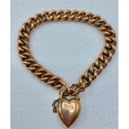 102 - A 9ct rose gold curb link bracelet with engraved heart locket in fitted velvet lined case. Gross 17.... 