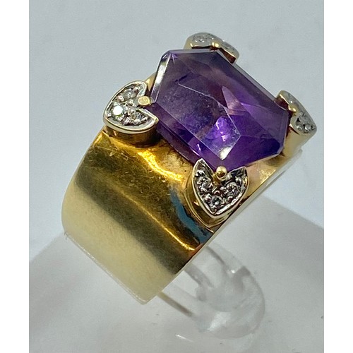 139 - A 14 ct gold amethyst and diamond dress ring, central fancy cut amethyst with diamond cut accents, s... 