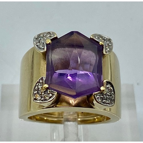 139 - A 14 ct gold amethyst and diamond dress ring, central fancy cut amethyst with diamond cut accents, s... 