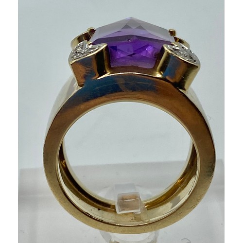 139 - A 14 ct gold amethyst and diamond dress ring, central fancy cut amethyst with diamond cut accents, s... 